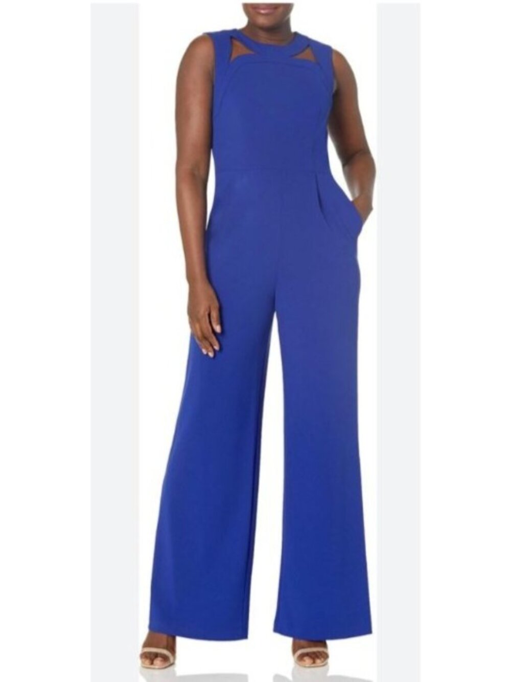 Calvin Klein Womens Sleeveless Wide-Leg Jumpsuit corpped Size 12 Blue pockets
